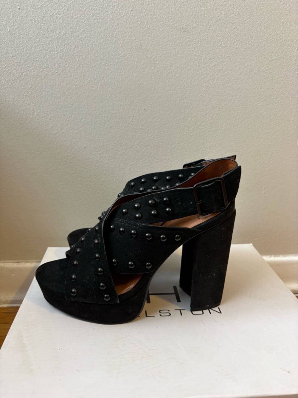 H by Halston Black Studded Platform Block Heel Sandals